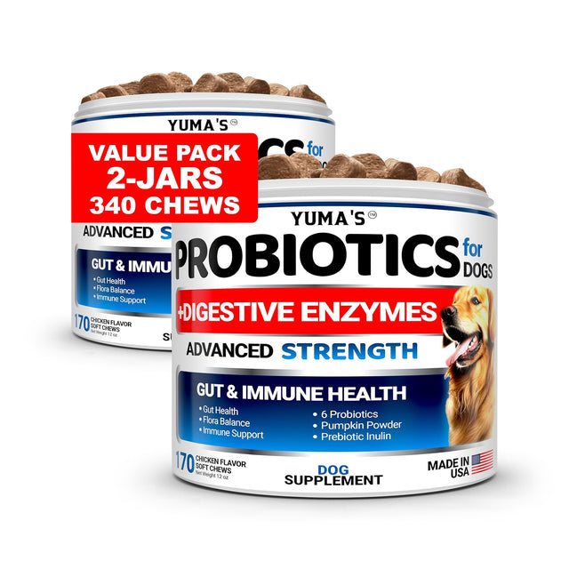 2 Pack Probiotics for Dogs – Digestive Enzyme Chews, 2 × 170 Soft Chews (Bacon Flavor) - YUMA'S