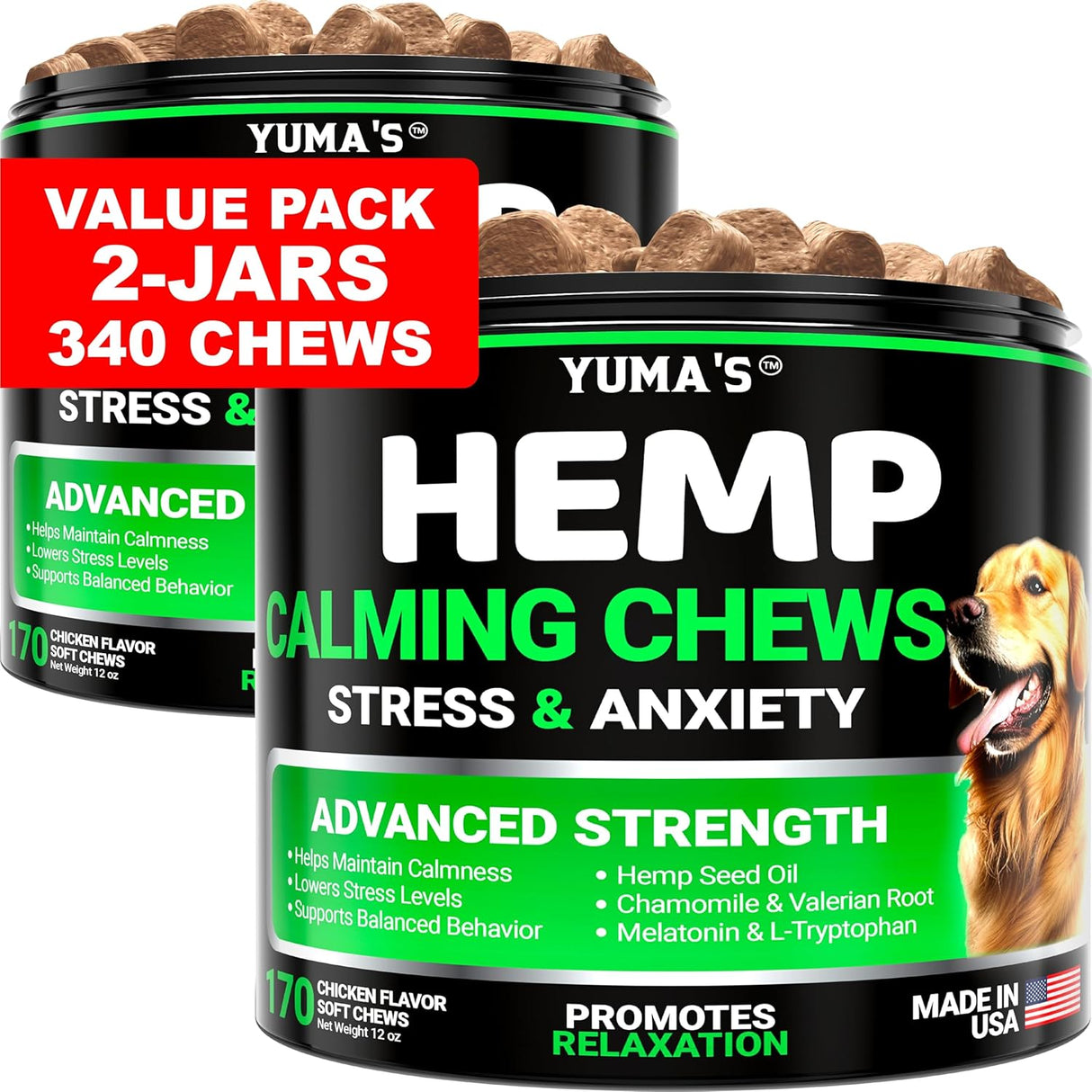 (2 Pack) Hemp Calming Chews for Dogs – 340 Chews - YUMA'S