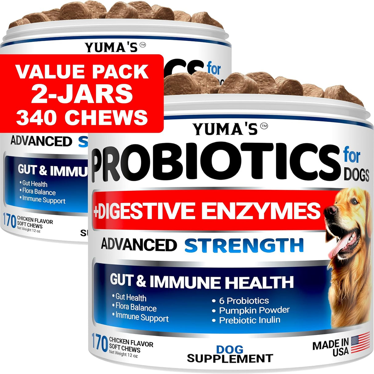 2 Pack Probiotics for Dogs – Digestive Enzyme Chews, 2 × 170 Soft Chews (Bacon Flavor) - YUMA'S