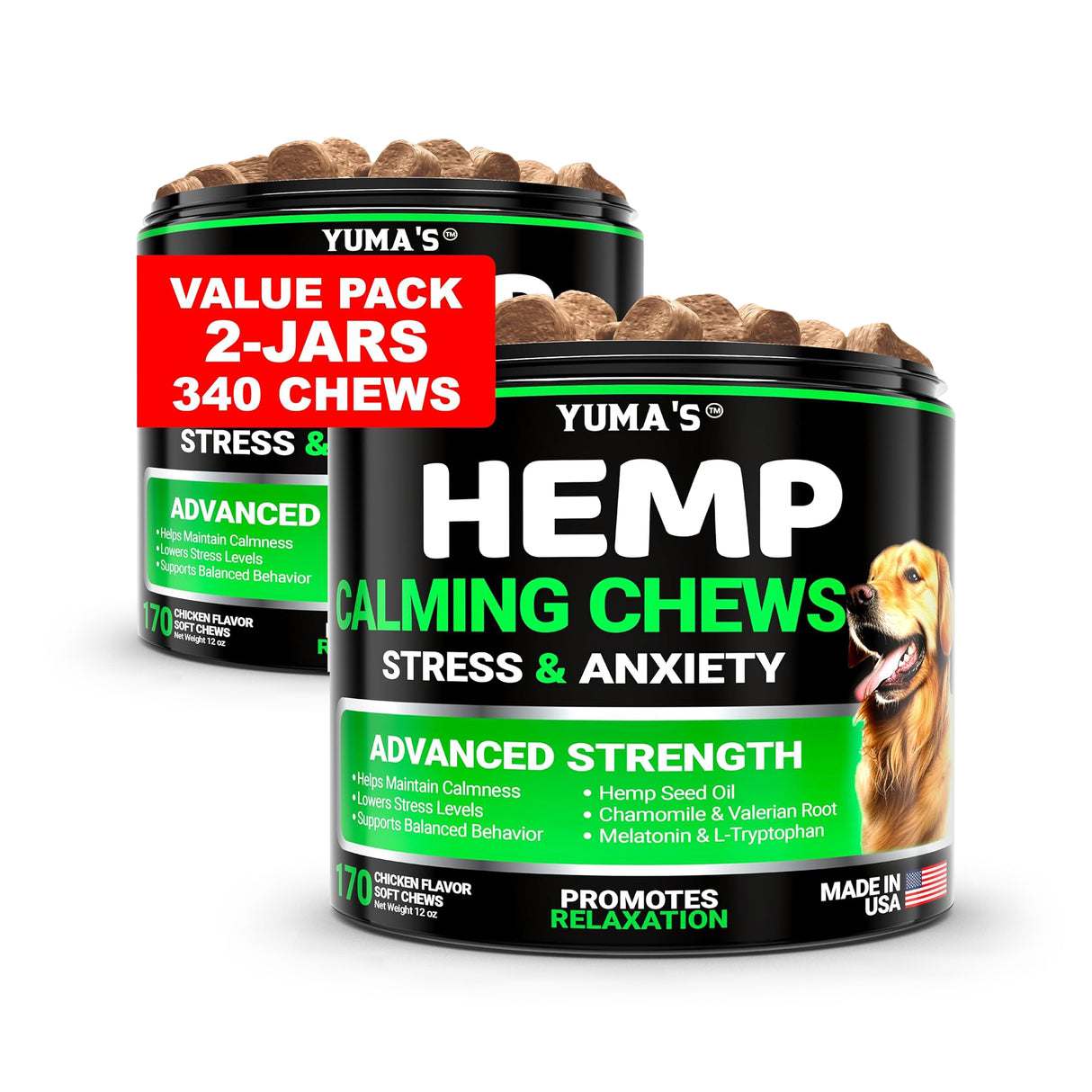 (2 Pack) Hemp Calming Chews for Dogs – 340 Chews - YUMA'S