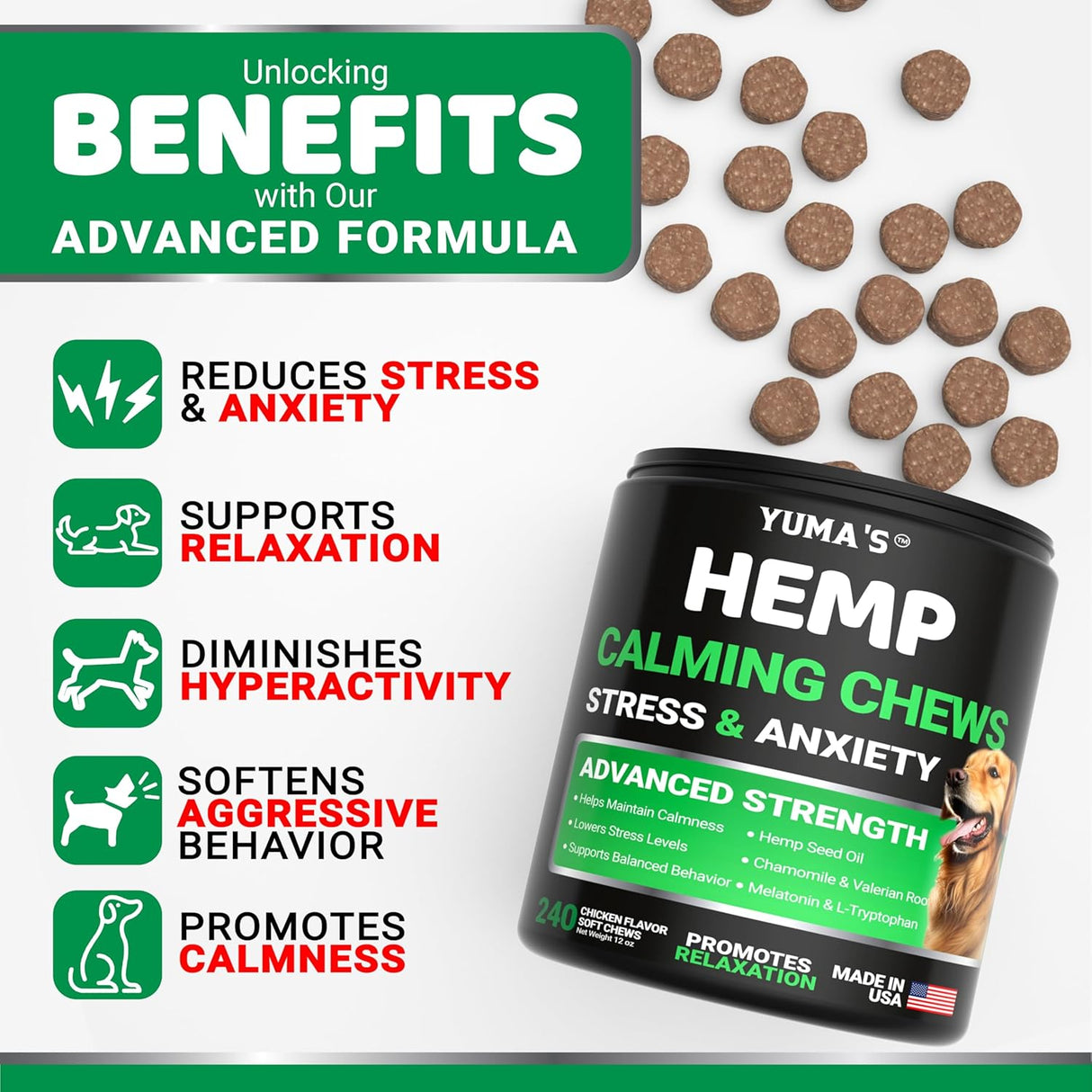 Hemp Calming Chews for Dogs - 240 Treats - YUMA'S